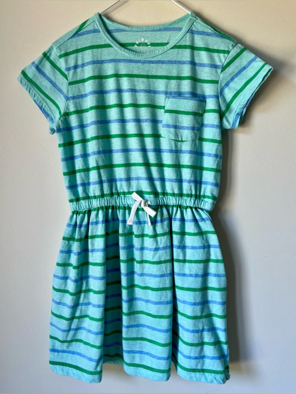 Primary Kid’s Drawstring Dress Cotton Recycled Material Clover Stripe Size 8-9